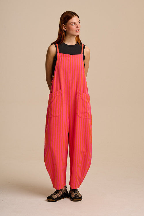 Oaxaca - Cotton Barrel Dungarees in Pink & Orange Stripe