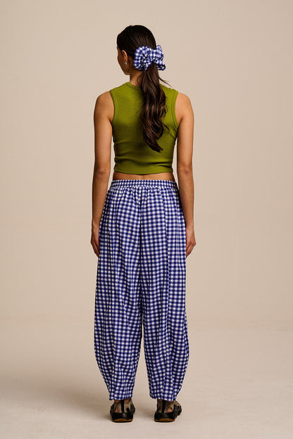 Obregon - Cotton & Viscose Barrel Leg Trousers in Blue Gingham Check