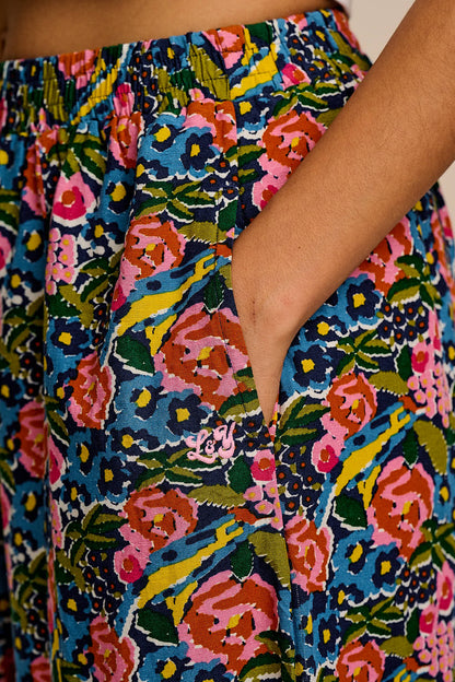 Obregon - Cotton & Viscose Barrel Leg Trousers in Blue Birdie Floral