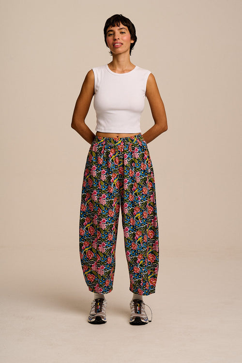 Obregon - Cotton & Viscose Barrel Leg Trousers in Blue Birdie Floral