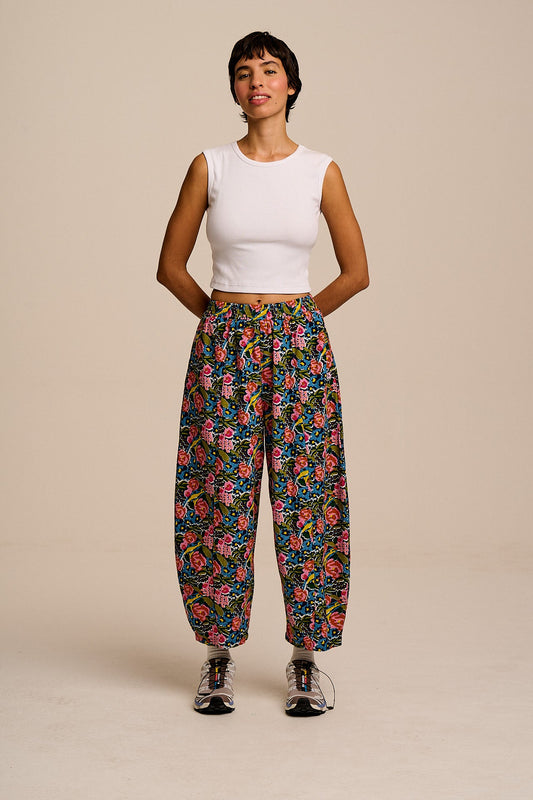 Obregon - Cotton & Viscose Barrel Leg Trousers in Blue Birdie Floral