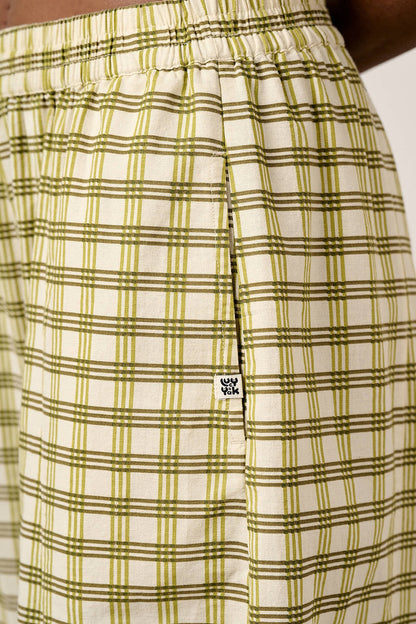 Obregon -  Barrel Leg Cotton Linen Trousers in Green Check