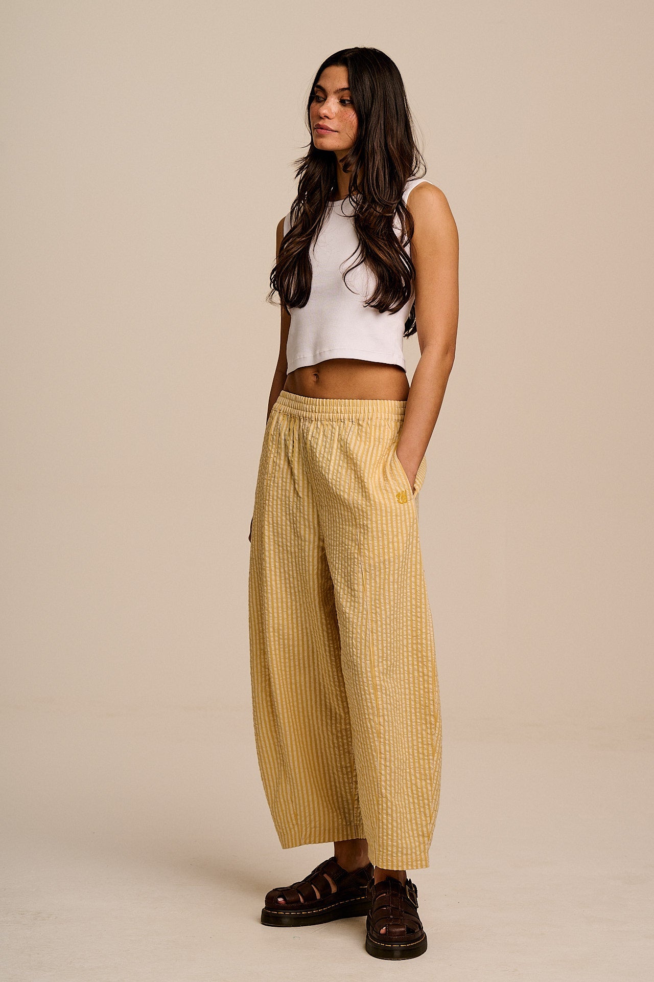 Obregon - Barrel Leg Cotton Trousers in Yellow Stripe