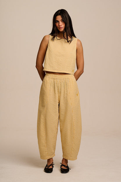 Obregon - Barrel Leg Cotton Trousers in Yellow Stripe