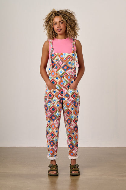 Original - Cotton Dungarees in Pink Celestial Tile Print