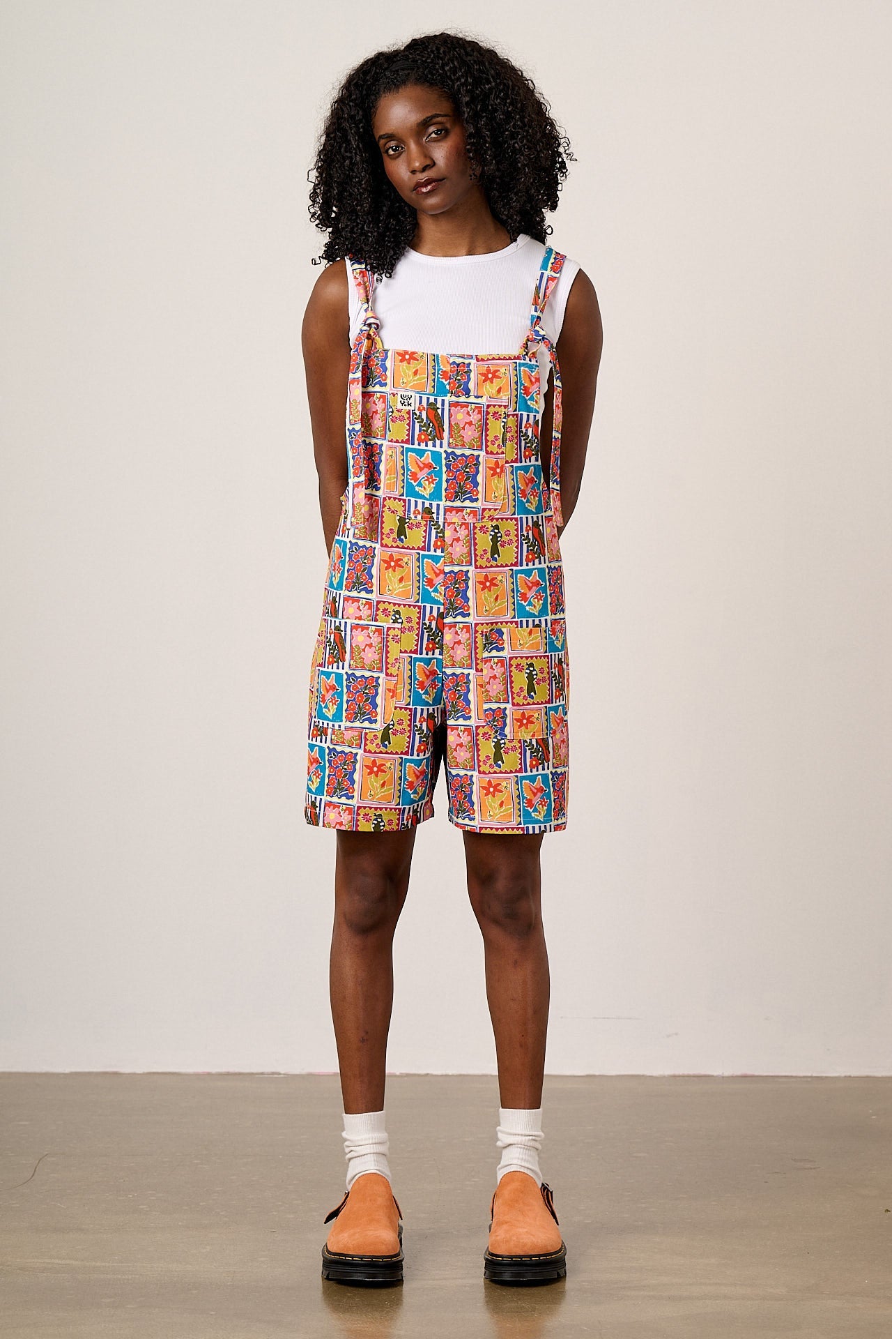 Original Shorts - Cotton Dungaree Shorts in Birds & Flowers Square Tile