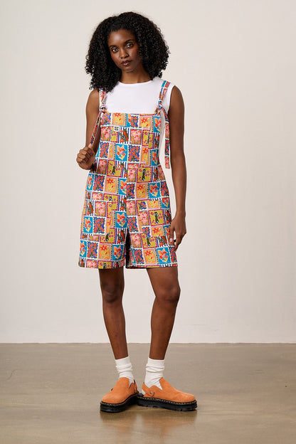 Original Shorts - Cotton Dungaree Shorts in Birds & Flowers Square Tile