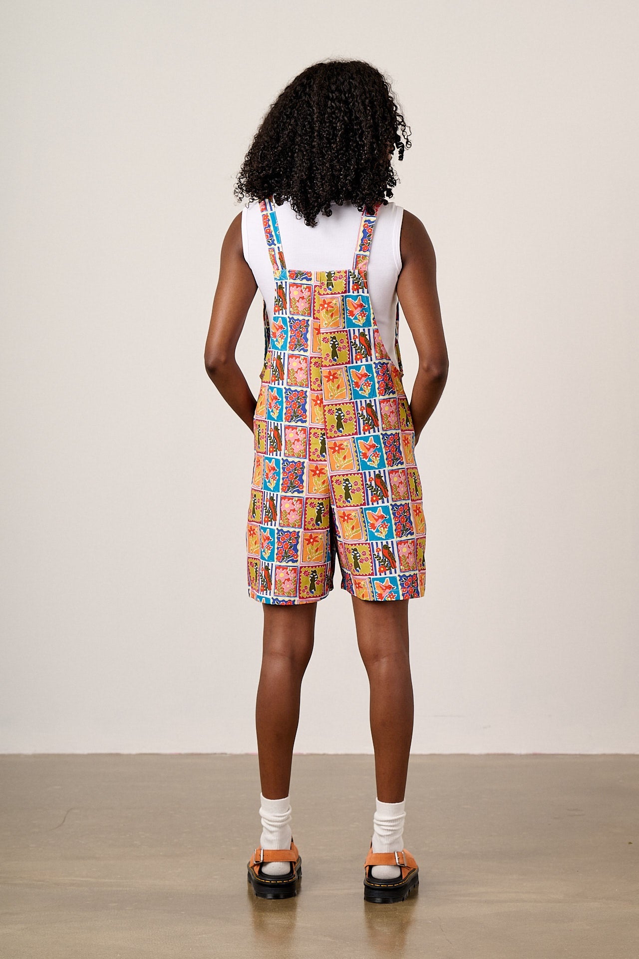 Original Shorts - Cotton Dungaree Shorts in Birds & Flowers Square Tile