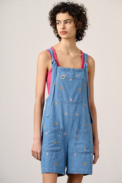 IMPERFECT - Original Shorts - Cotton Dungaree Shorts in Light Blue with Floral Embroidery
