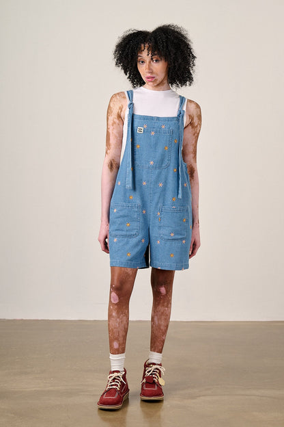 IMPERFECT - Original Shorts - Cotton Dungaree Shorts in Light Blue with Floral Embroidery