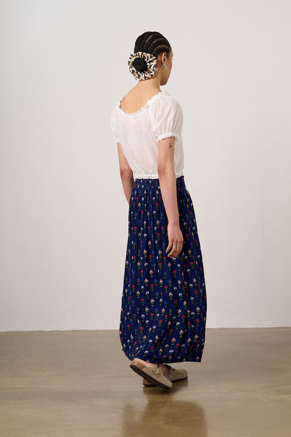 Poppy - Elasticated Waist Skirt in Navy Tulips Print