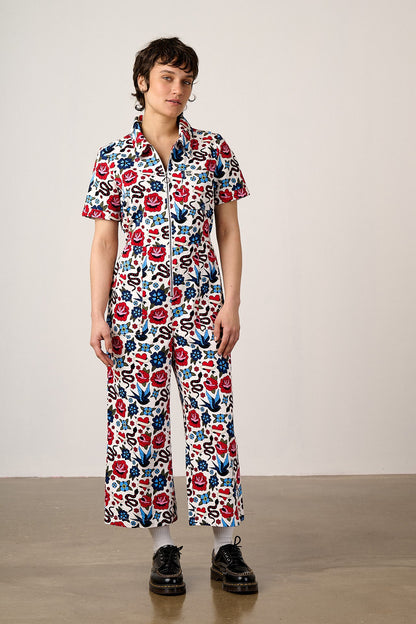 Ragan - Cotton Jumpsuit in Multi Coloured Tattoo Print