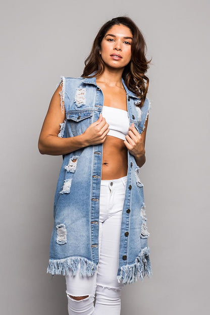 Women's Destroyed Long Denim Robe Vest