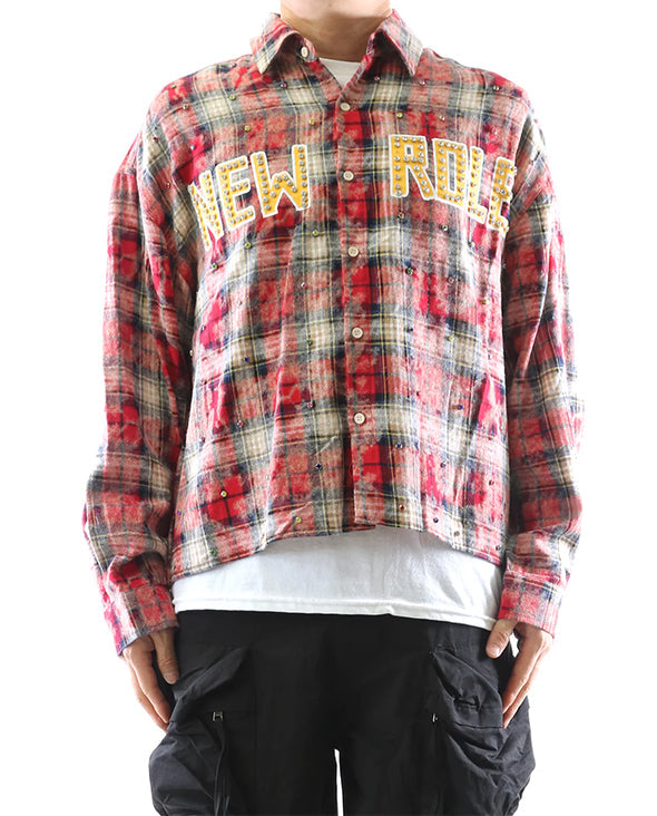 Long Sleeve Washed Flannel Crop Top Button Down Shirt With Rhinestone Embellishments