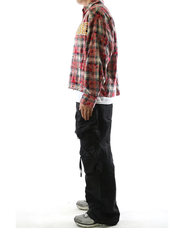 Long Sleeve Washed Flannel Crop Top Button Down Shirt With Rhinestone Embellishments