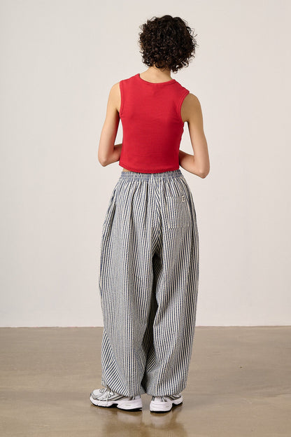 Renata - Cuffed Cotton Balloon Leg Trousers in Blue & White Stripe
