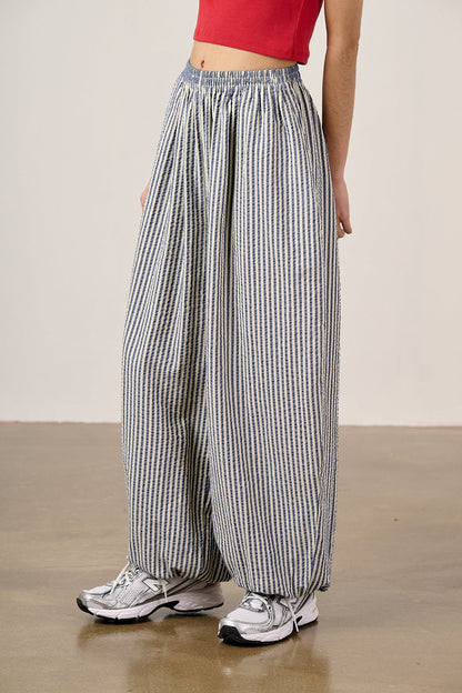 Renata - Cuffed Cotton Balloon Leg Trousers in Blue & White Stripe