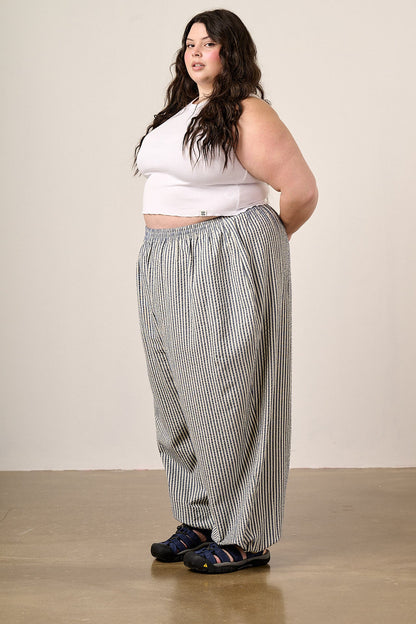 Renata - Cuffed Cotton Balloon Leg Trousers in Blue & White Stripe