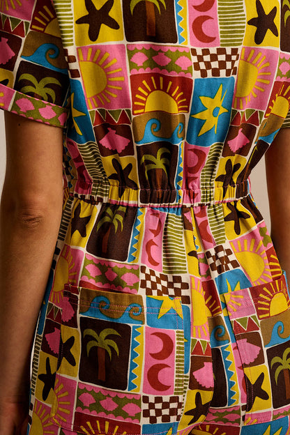 Riley - Cotton Playsuit in Multi Coastal Tile