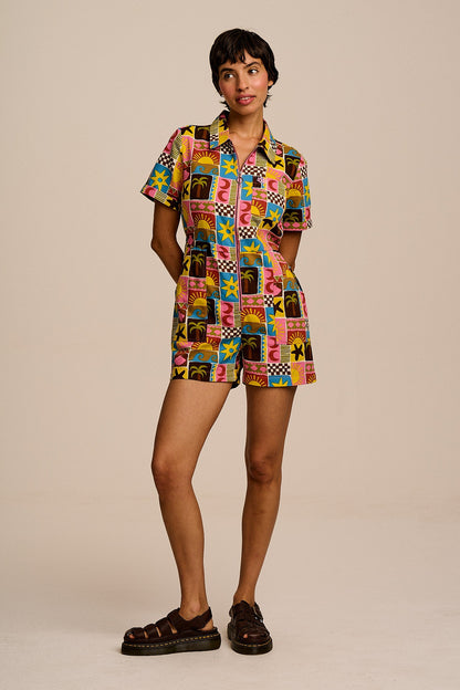 Riley - Cotton Playsuit in Multi Coastal Tile