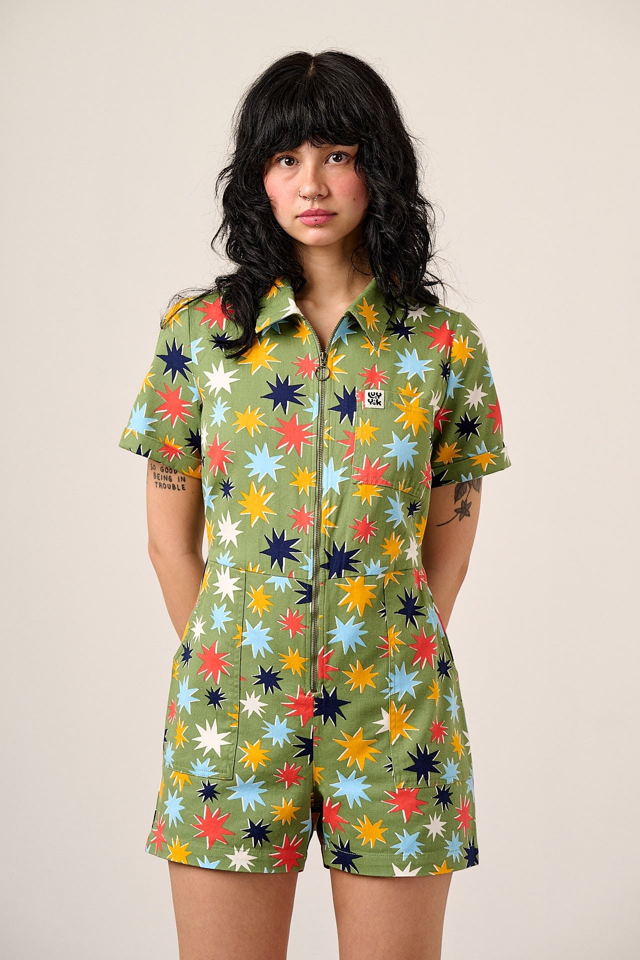 Riley - Cotton Playsuit in Green Cosmic Folk Stars