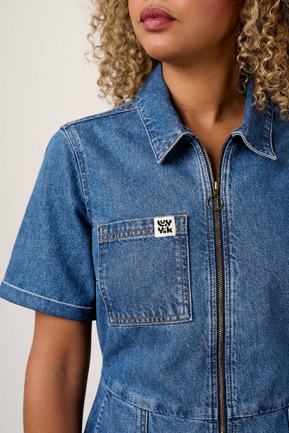 Riley - Denim Playsuit in Mid Wash Blue