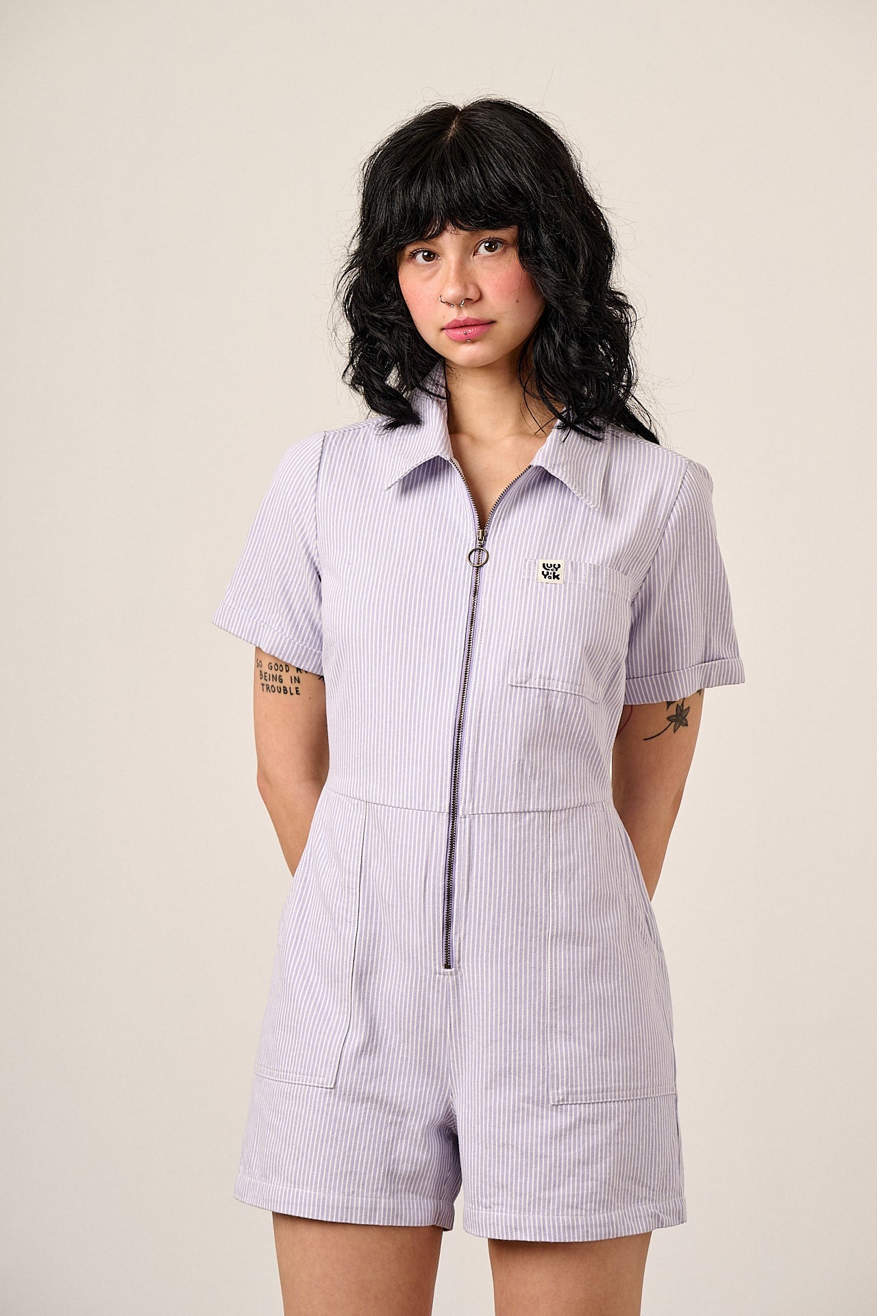 Riley - Cotton Playsuit in Lilac Hickory Stripe