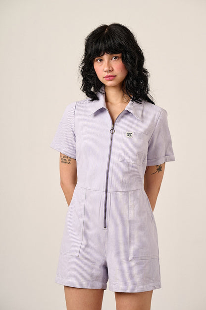 Riley - Cotton Playsuit in Lilac Hickory Stripe