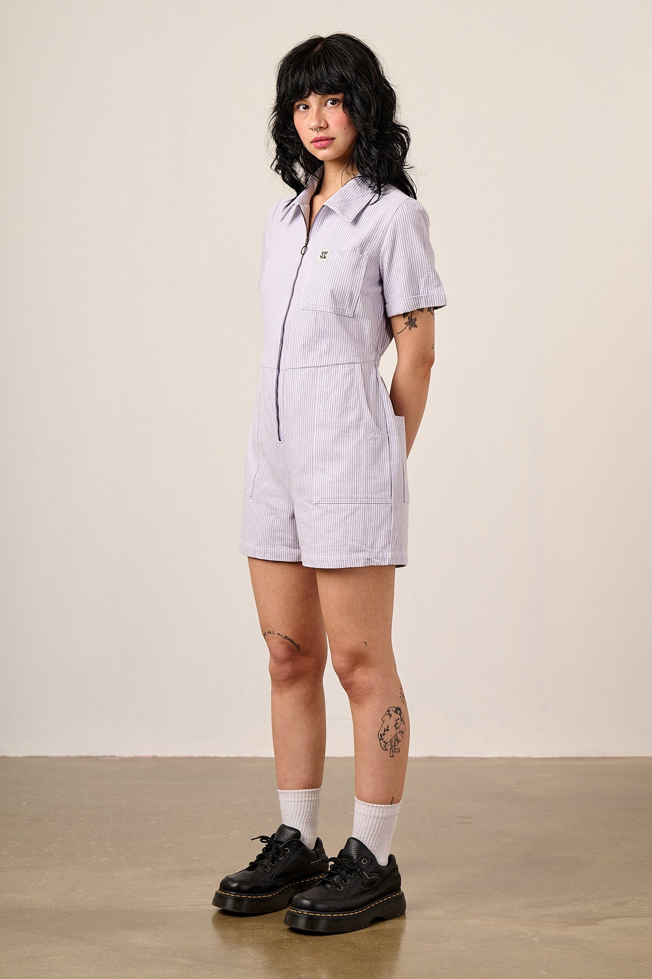 Riley - Cotton Playsuit in Lilac Hickory Stripe