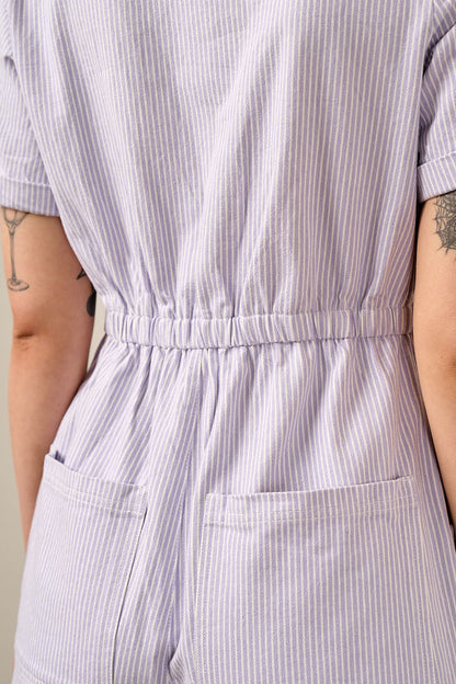 Riley - Cotton Playsuit in Lilac Hickory Stripe