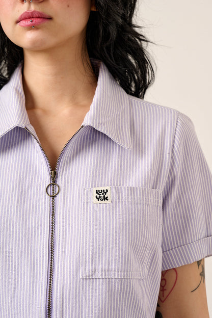 Riley - Cotton Playsuit in Lilac Hickory Stripe