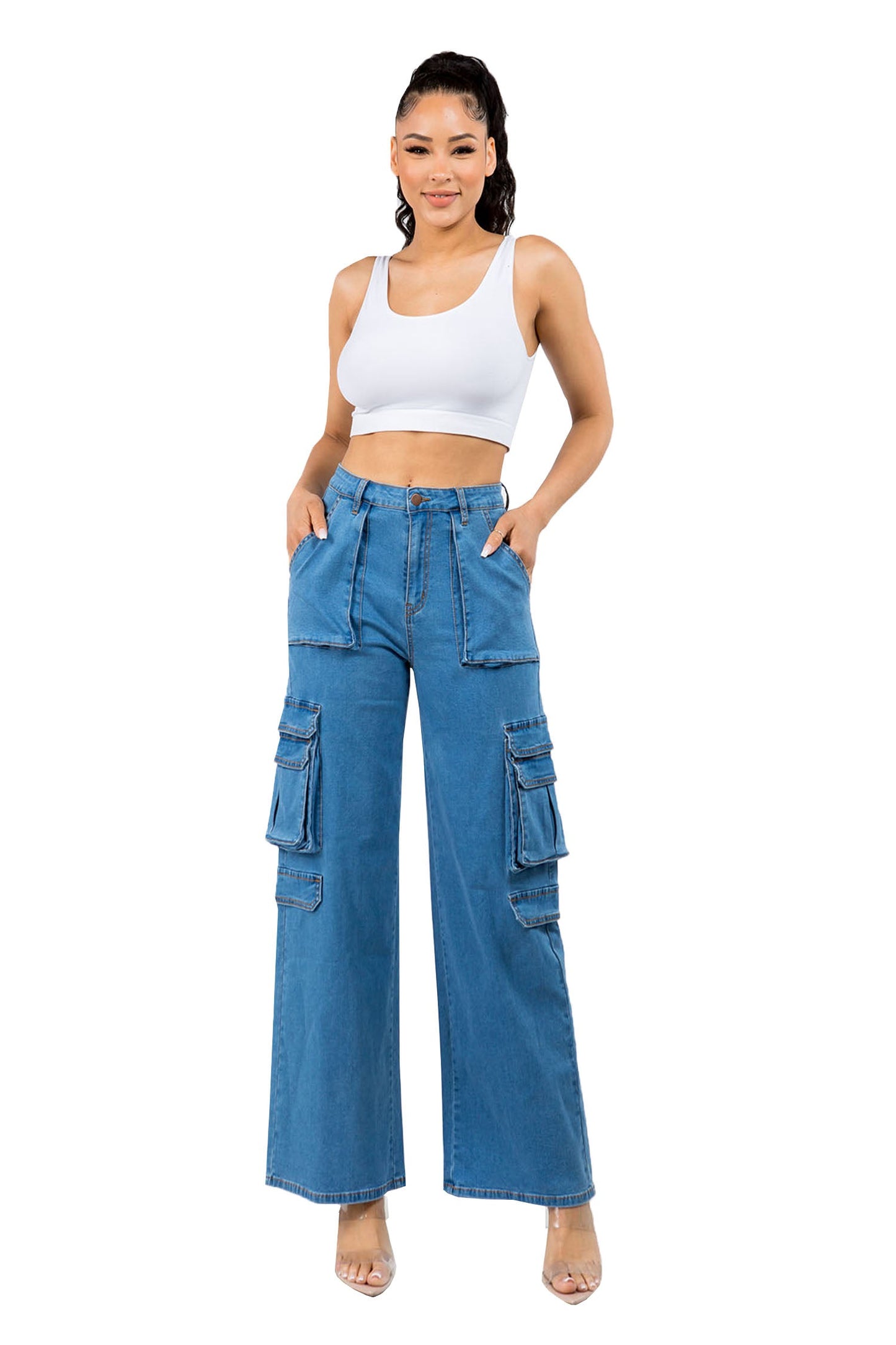 Women's Essential High Rise Wide Fit Cargo Denim Jeans