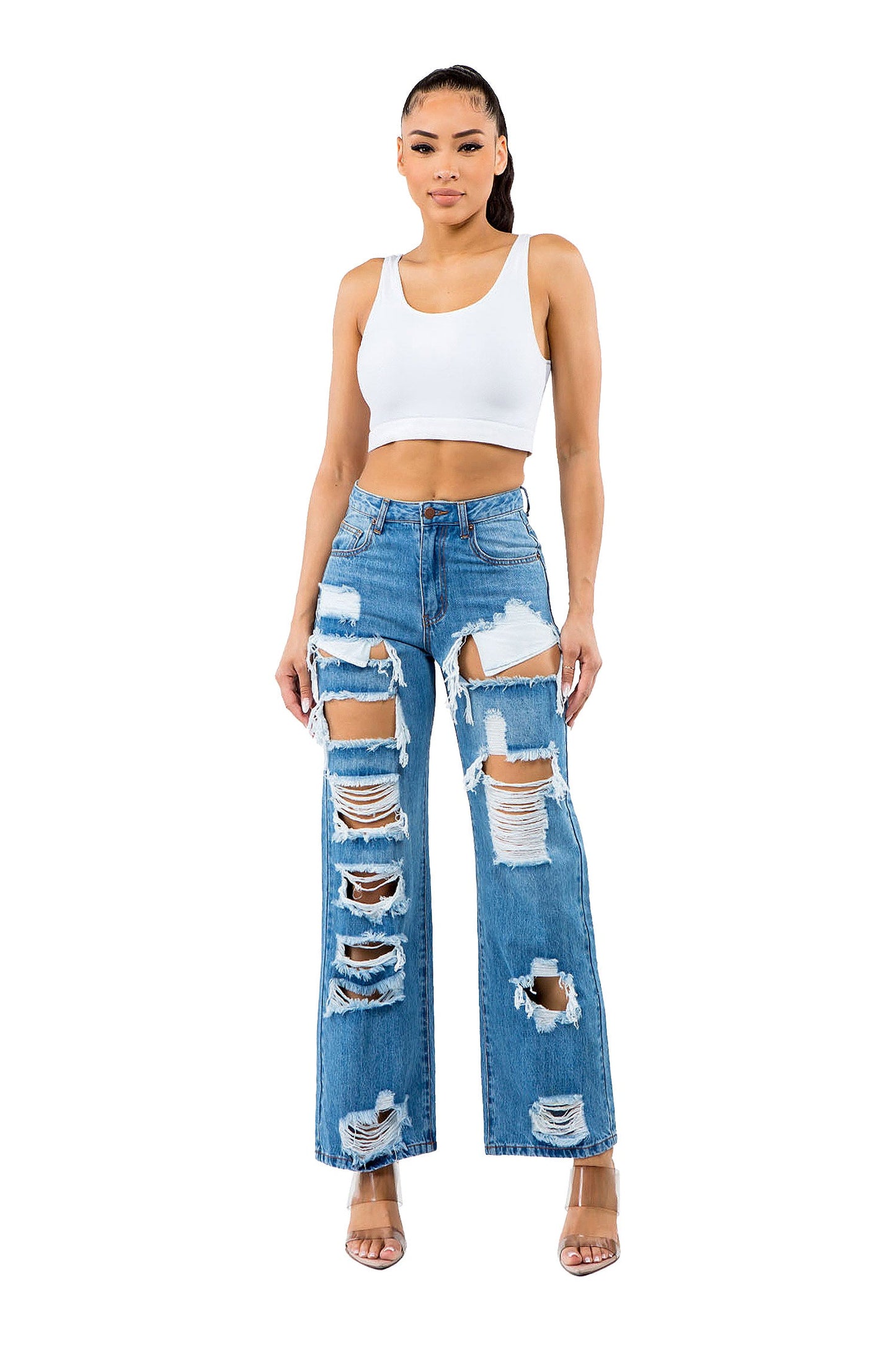 Women's High Distressed Wide Fit Denim Jeans