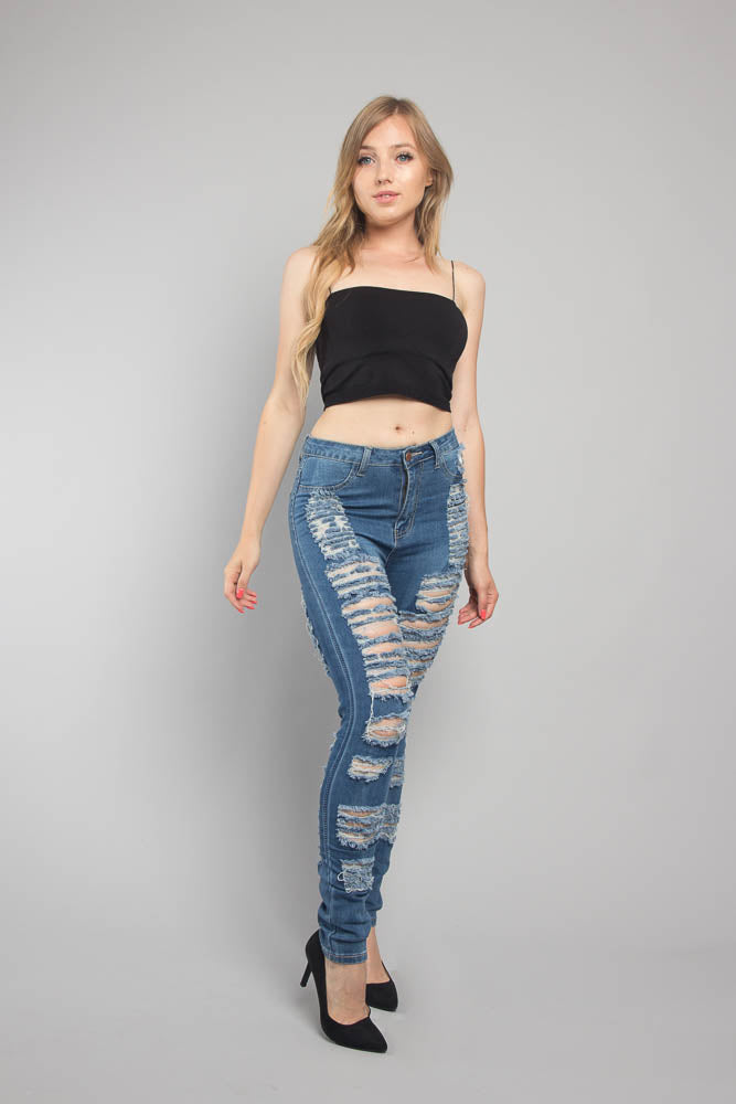 Double Distressed Denim Skinny Jeans