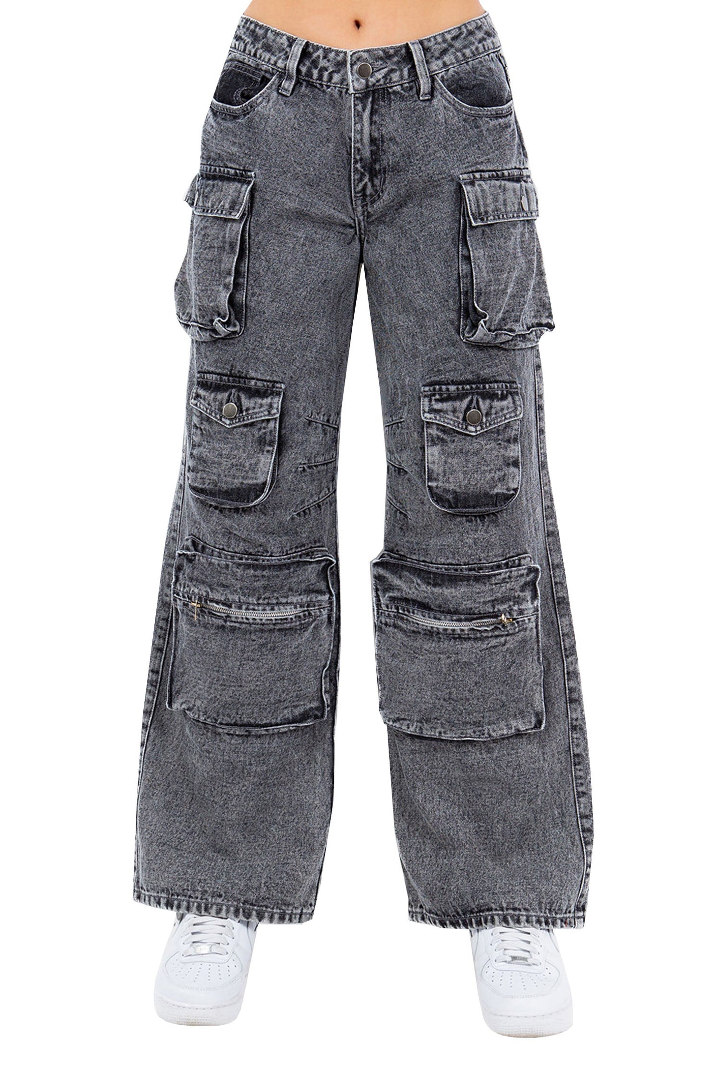 Women's High Rise Stone Washed Cargo Pocket Loose Fit Denim Jeans