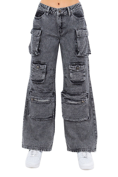 Women's High Rise Stone Washed Cargo Pocket Loose Fit Denim Jeans