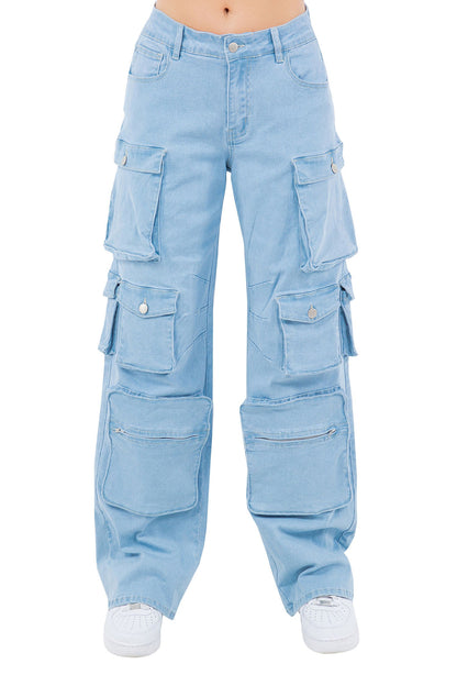 Women's High Rise Multi Cargo Pocket Loose Fit Denim Jeans