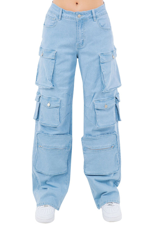 Women's High Rise Multi Cargo Pocket Loose Fit Denim Jeans