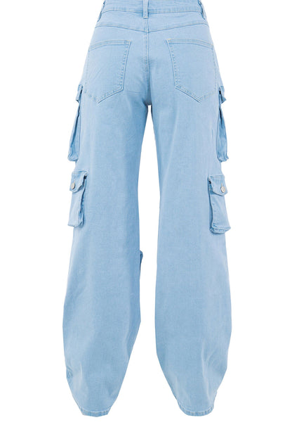 Women's High Rise Multi Cargo Pocket Loose Fit Denim Jeans