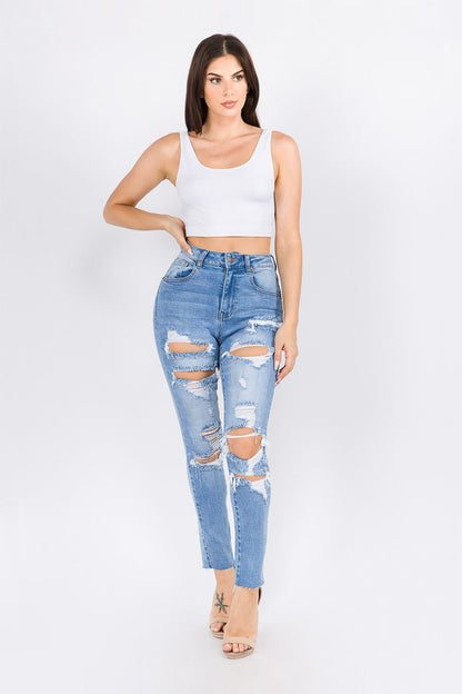 Women's High Rise Distressed Washed Out Denim Skinny Jeans