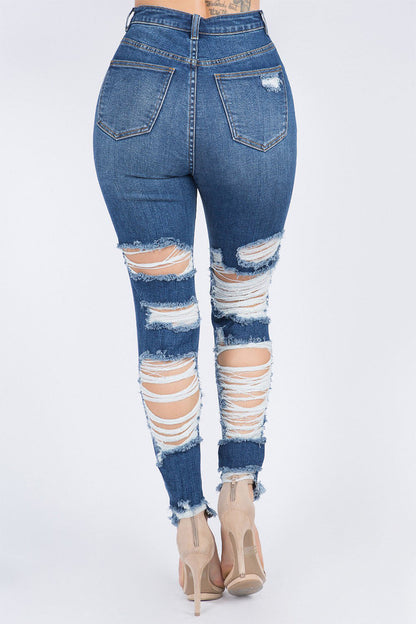 Women's High Waist Heavy Distressing Denim Skinny Jeans