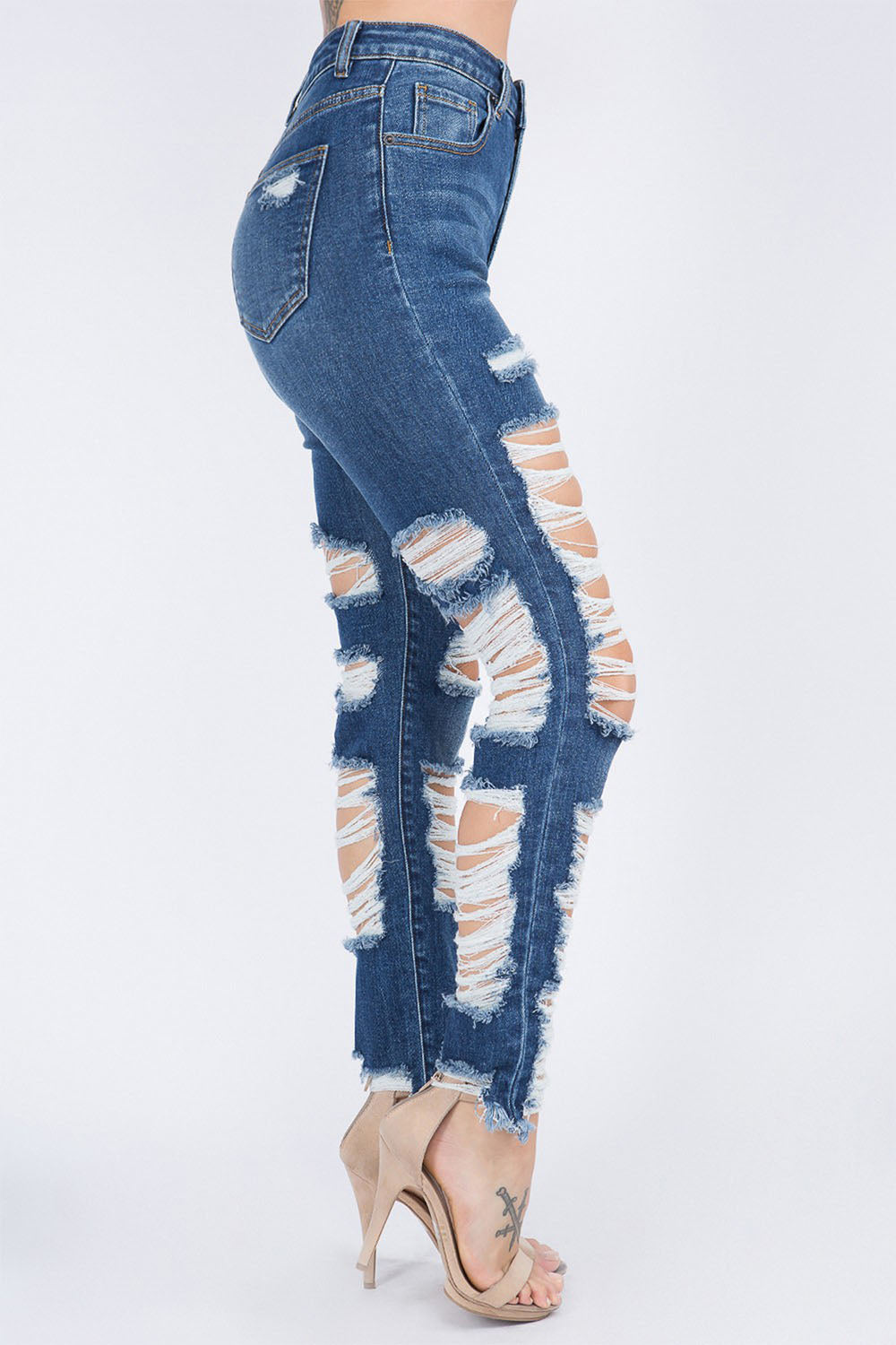 Women's High Waist Heavy Distressing Denim Skinny Jeans