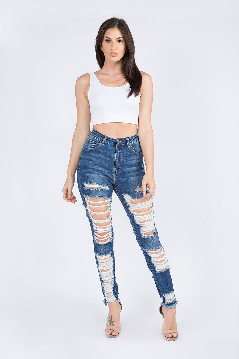 Women's High Waist Heavy Distressing Denim Skinny Jeans