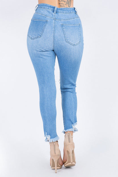 Women's High Rise Heavy Distressing Washed Out Denim Skinny Jeans