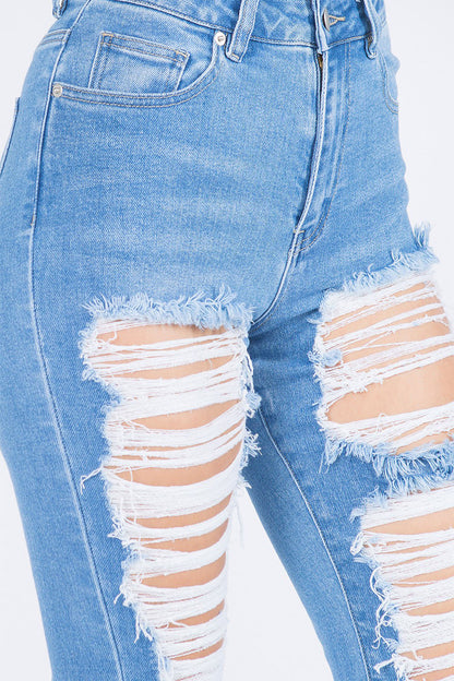Women's High Rise Heavy Distressing Washed Out Denim Skinny Jeans