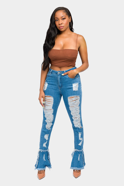 High Waisted Distressed Bootcut Jeans