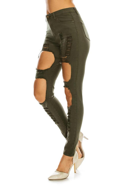 Women's High Rise Destroyed Twill Denim Jeans