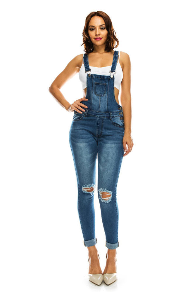 Women's Knee Slit Denim Overalls