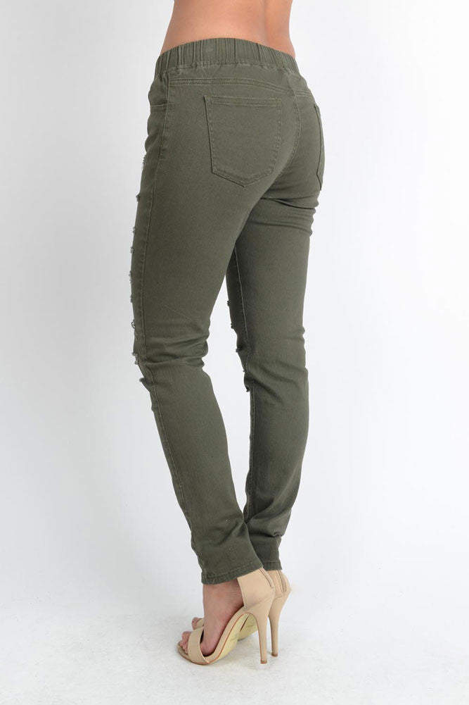 Women's Solid Thrashed Skinny Jogger Pants