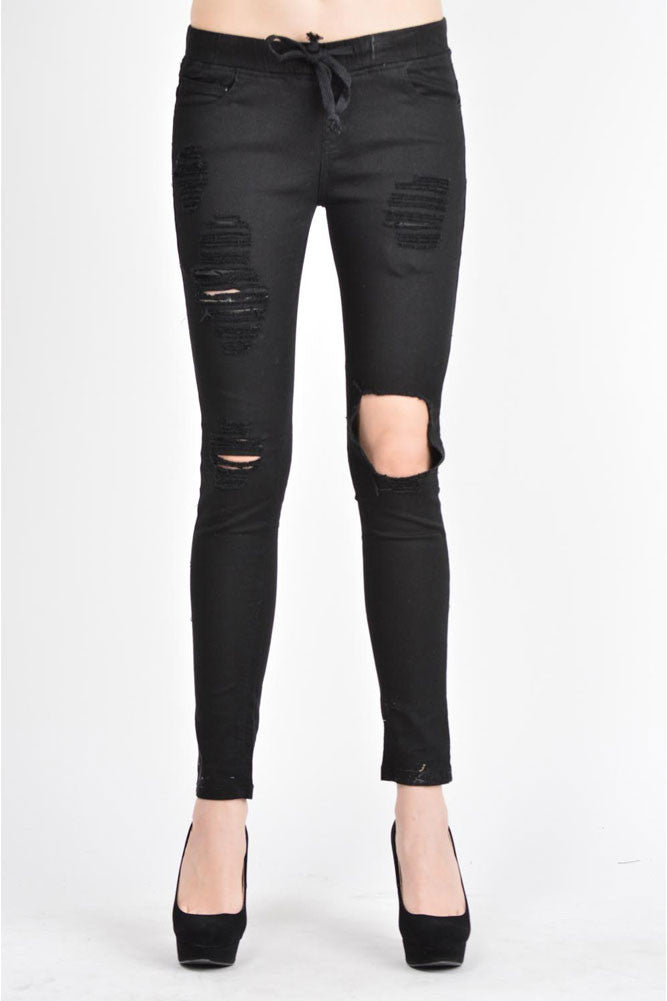Women's Solid Torn Skinny Jogger Pants
